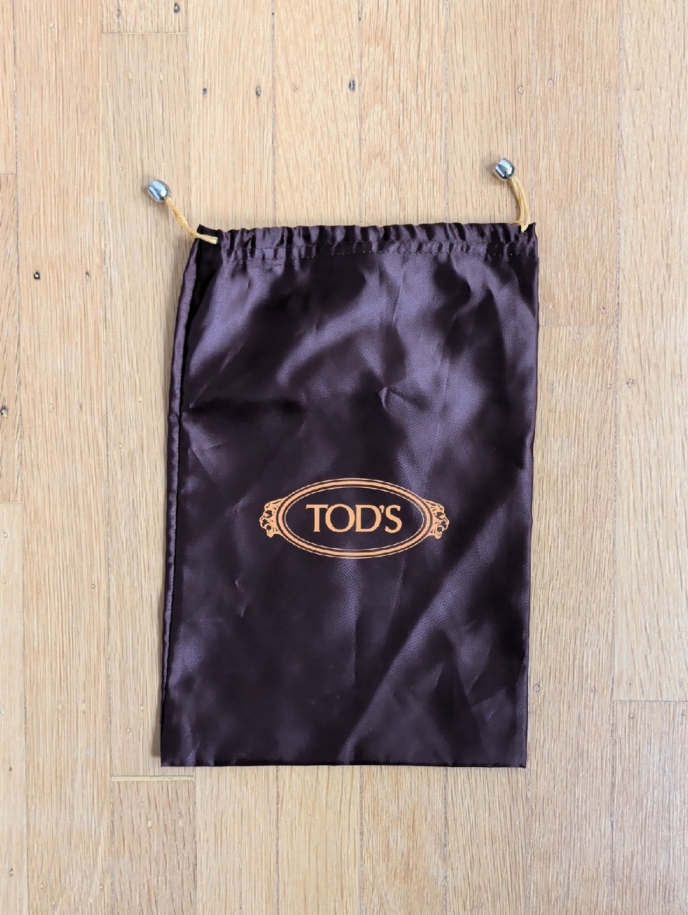 TOD'S Chocolate Brown Satin Drawstring Pouch with Gold Logo